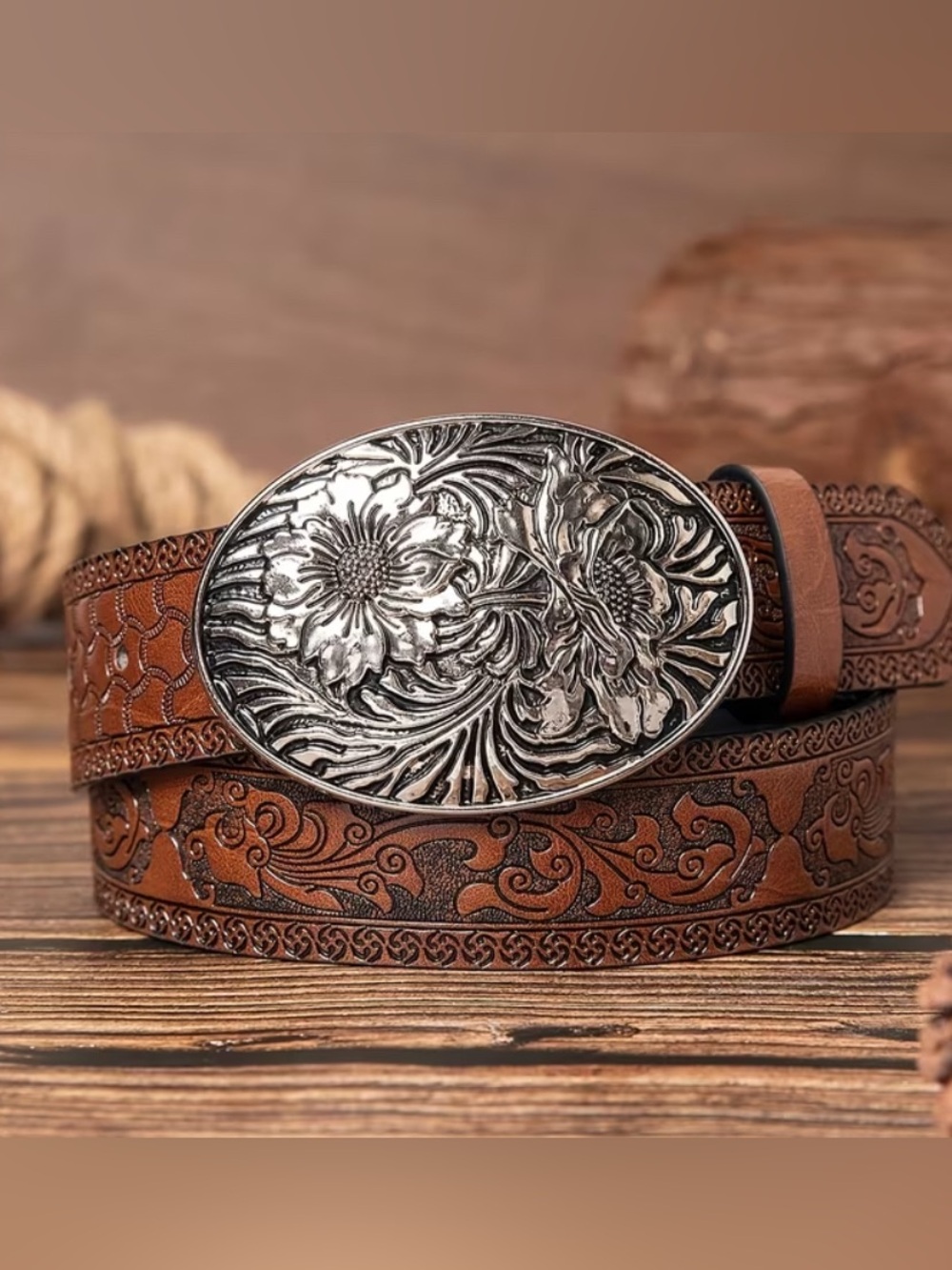 WESTERN Floral Embossed PU Belt and Buckle